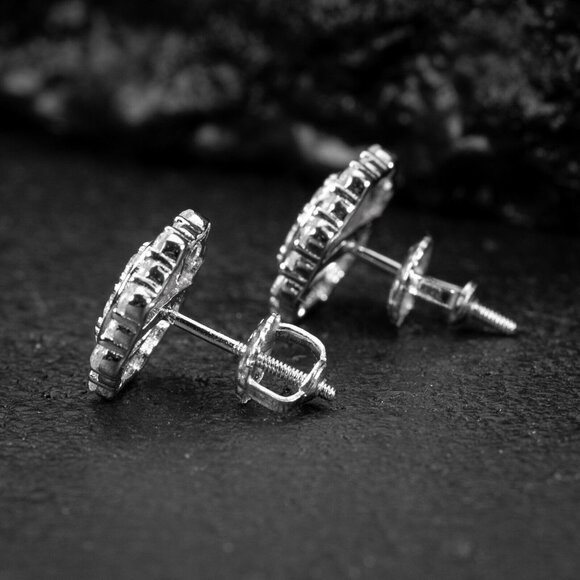 White Gold 925 Sterling Silver Men's Hip Hop Octagon Cz Cluster Stud Earrings - Picture 5 of 5